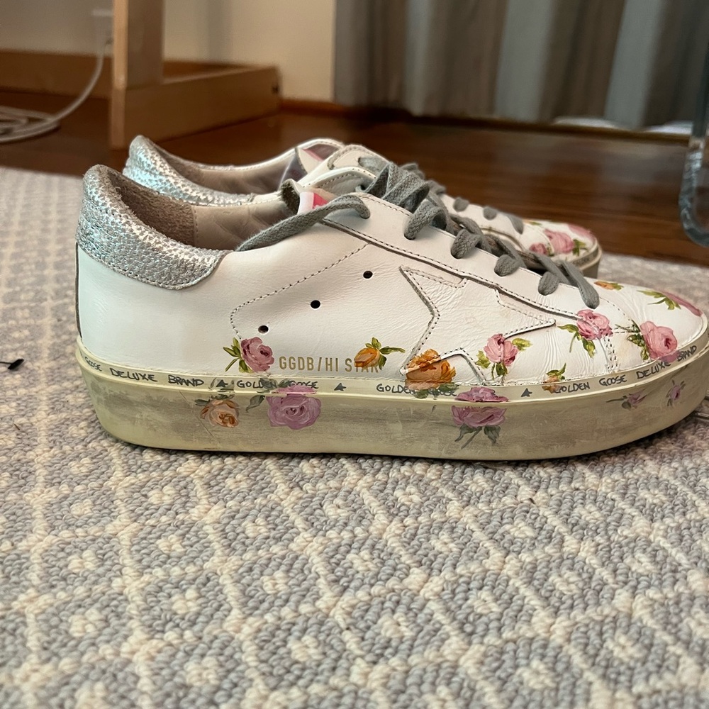 Hi Star Golden Gooses with Metallic Backs and Floral Hand Drawn Design